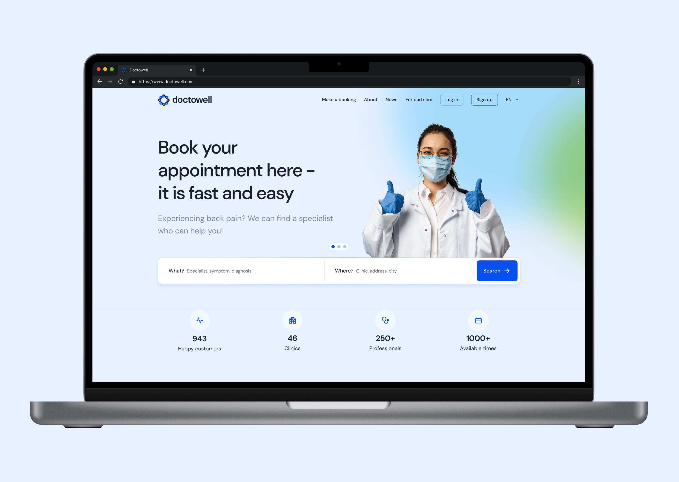 Doctowell homepage with search