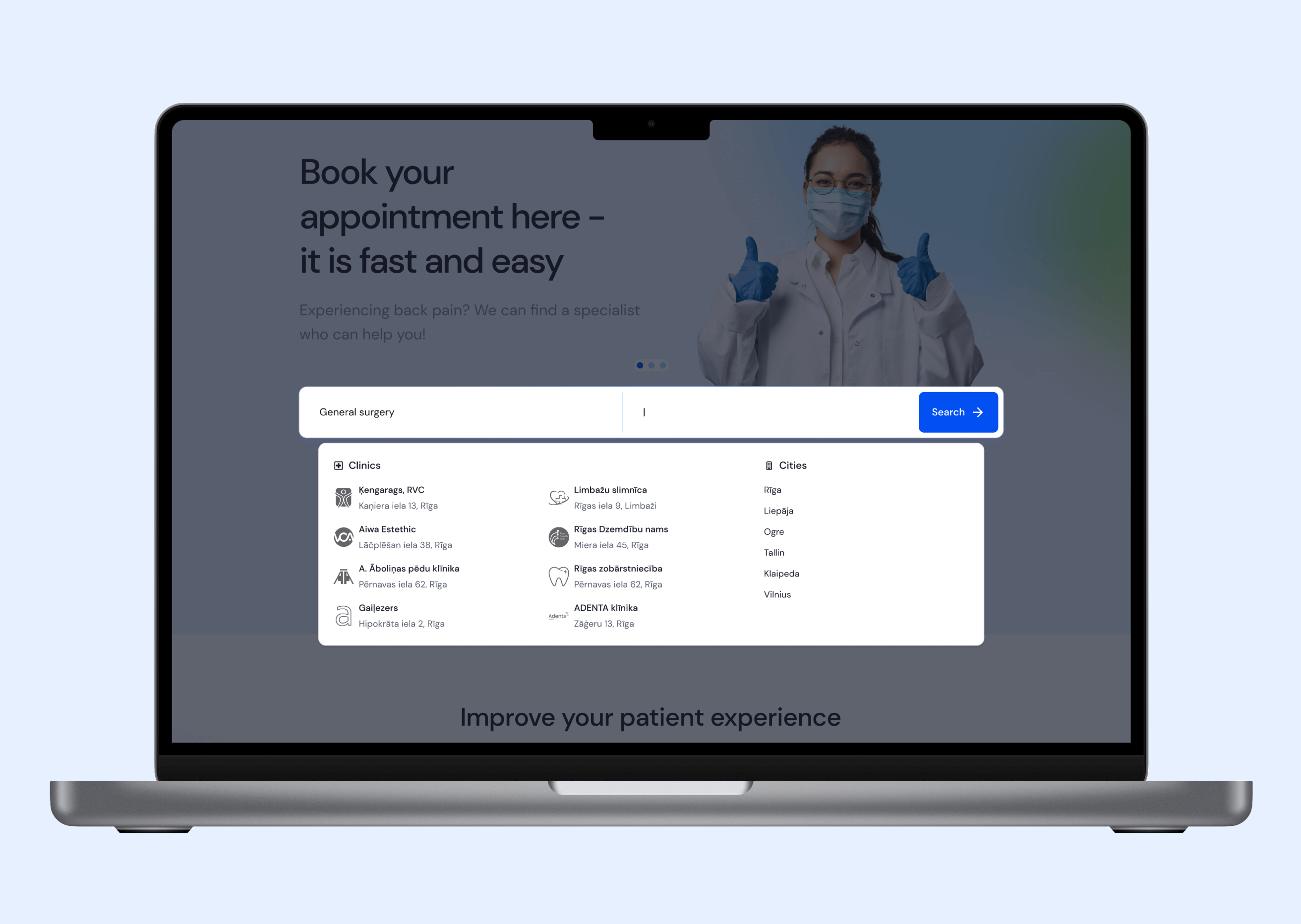 Search autocomplete with clinics and cities