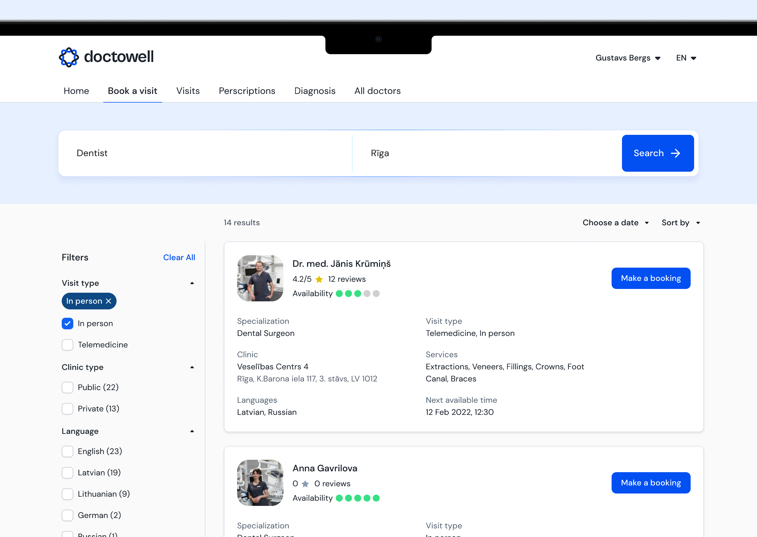 Search results with filters for visit type, clinic type and language