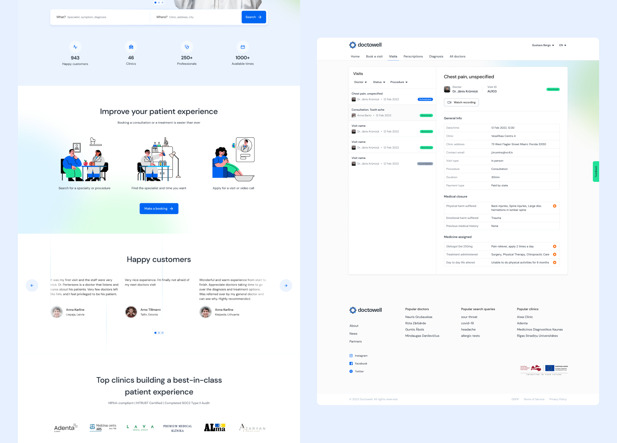 Homepage sections and a visit detail view with medical closure notes