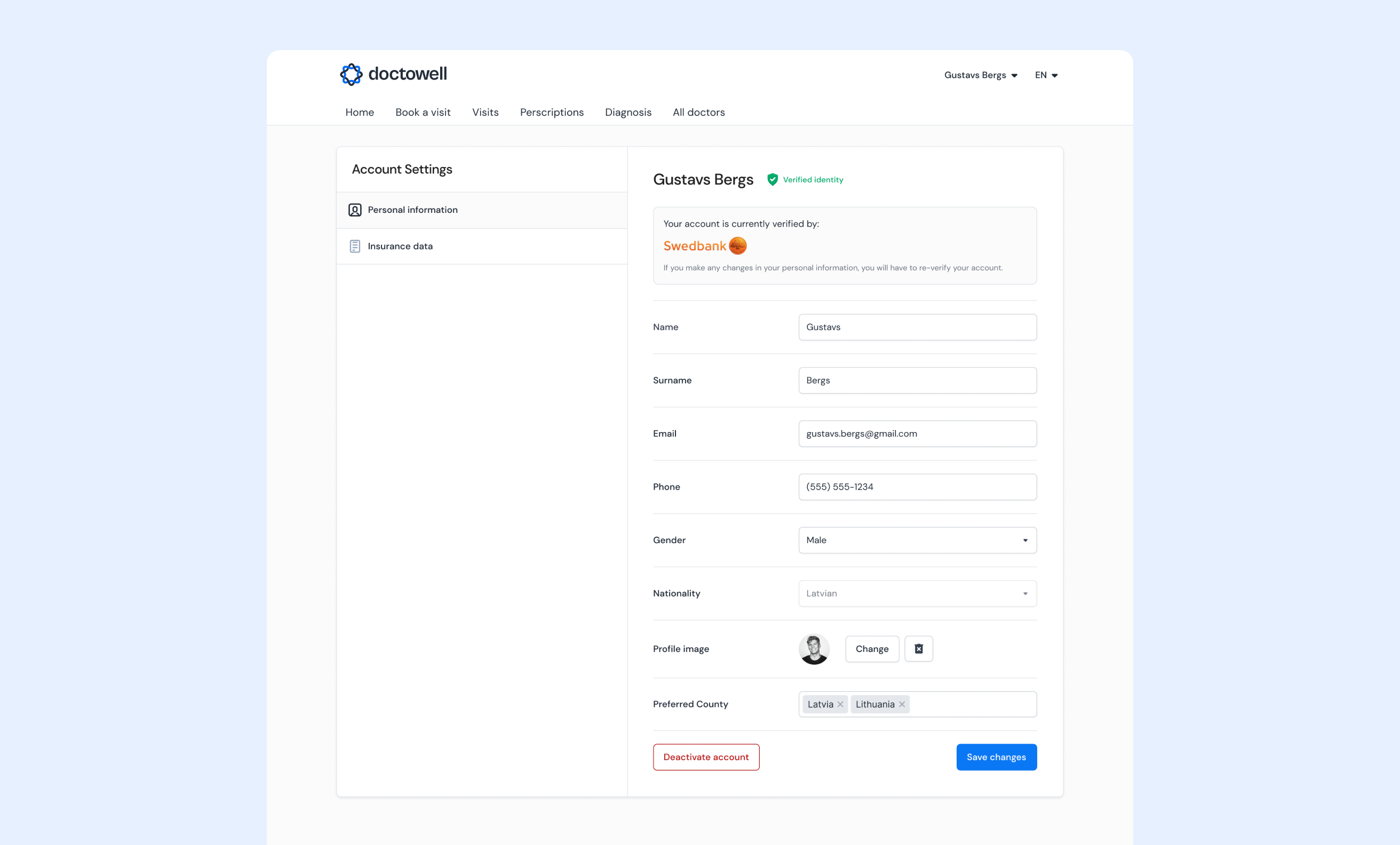 Account settings with bank identity verification