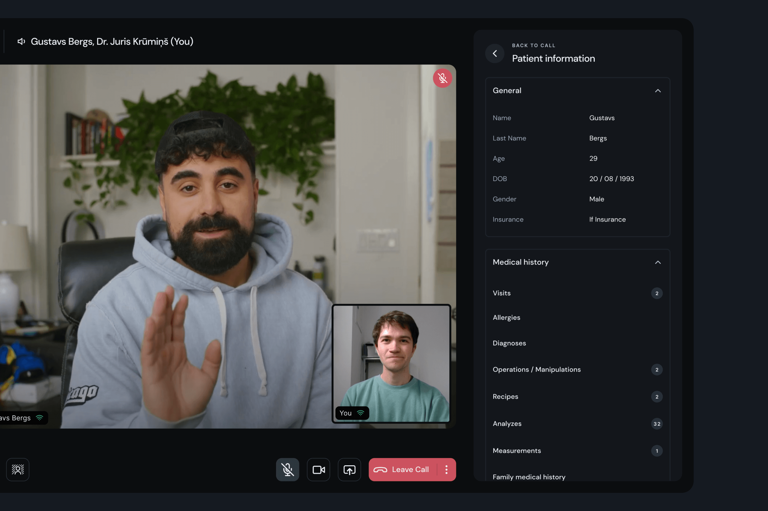 Doctor-side telemedicine call with patient information panel