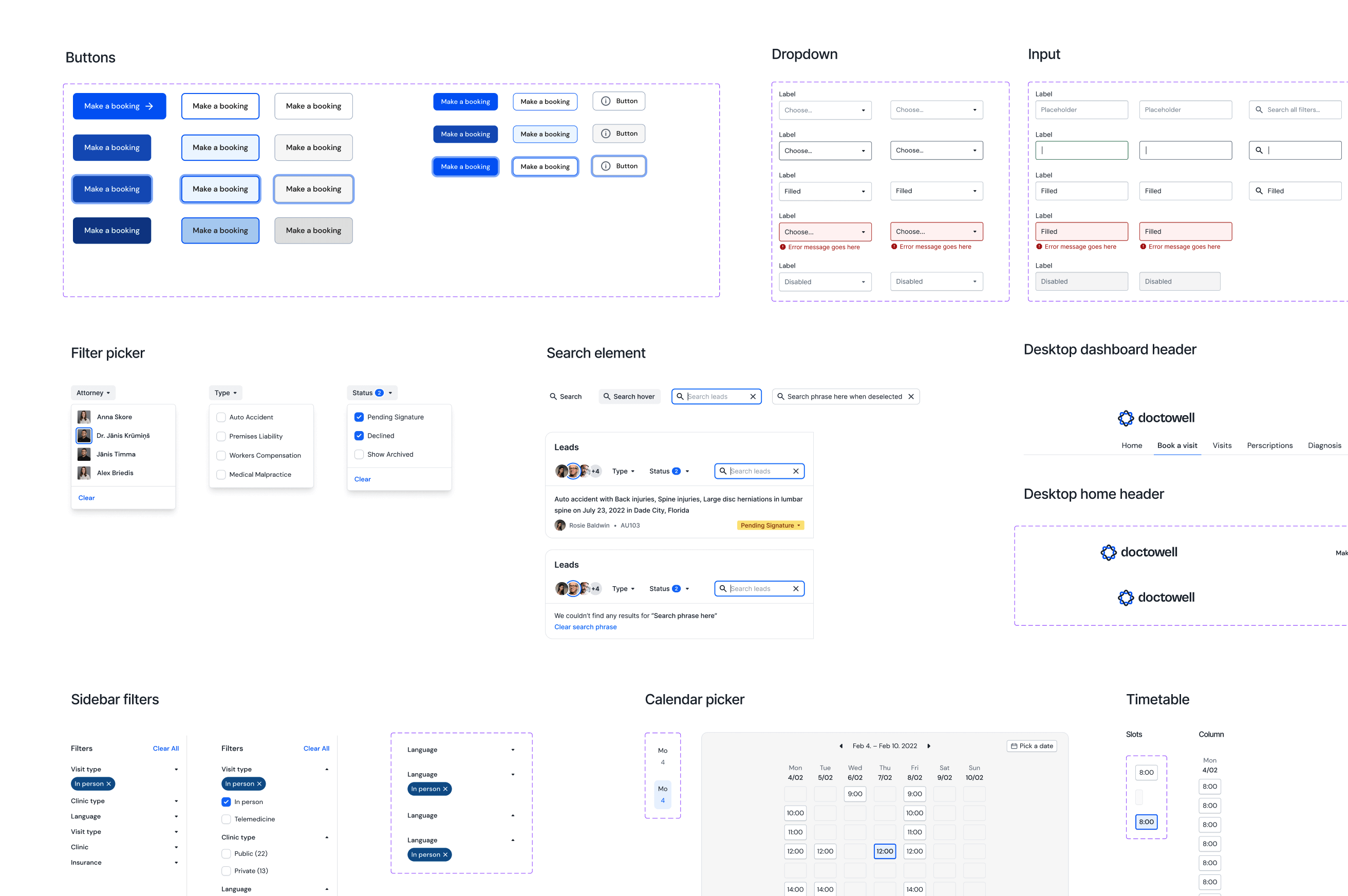 Doctowell component library — buttons, inputs, dropdowns and pickers