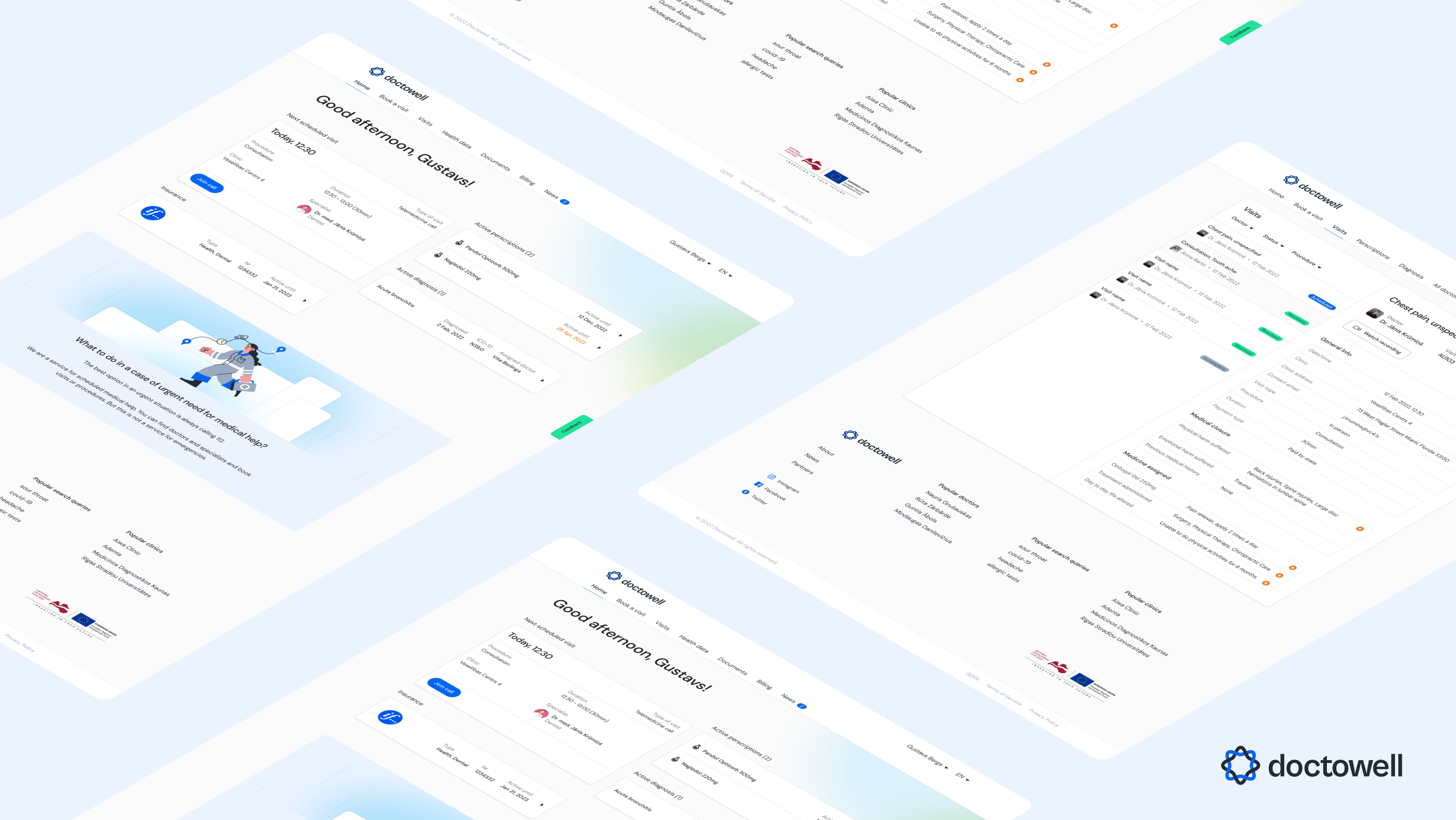 Doctowell product overview — homepage, visits and account screens