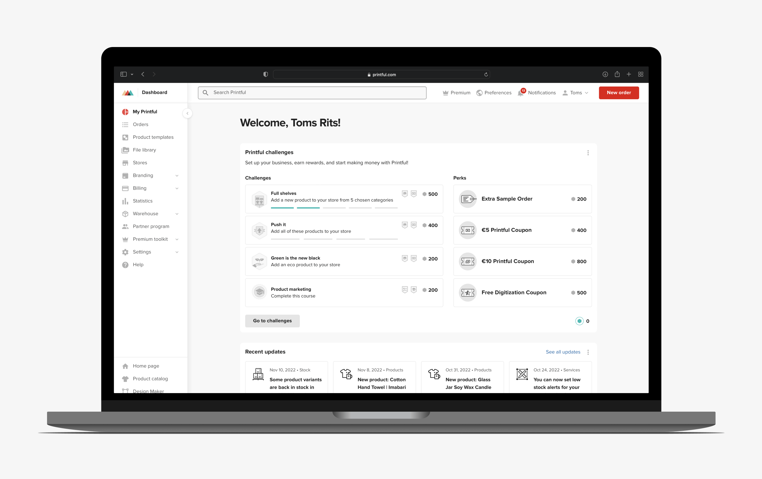 Customer dashboard with sales overview, new products and updates