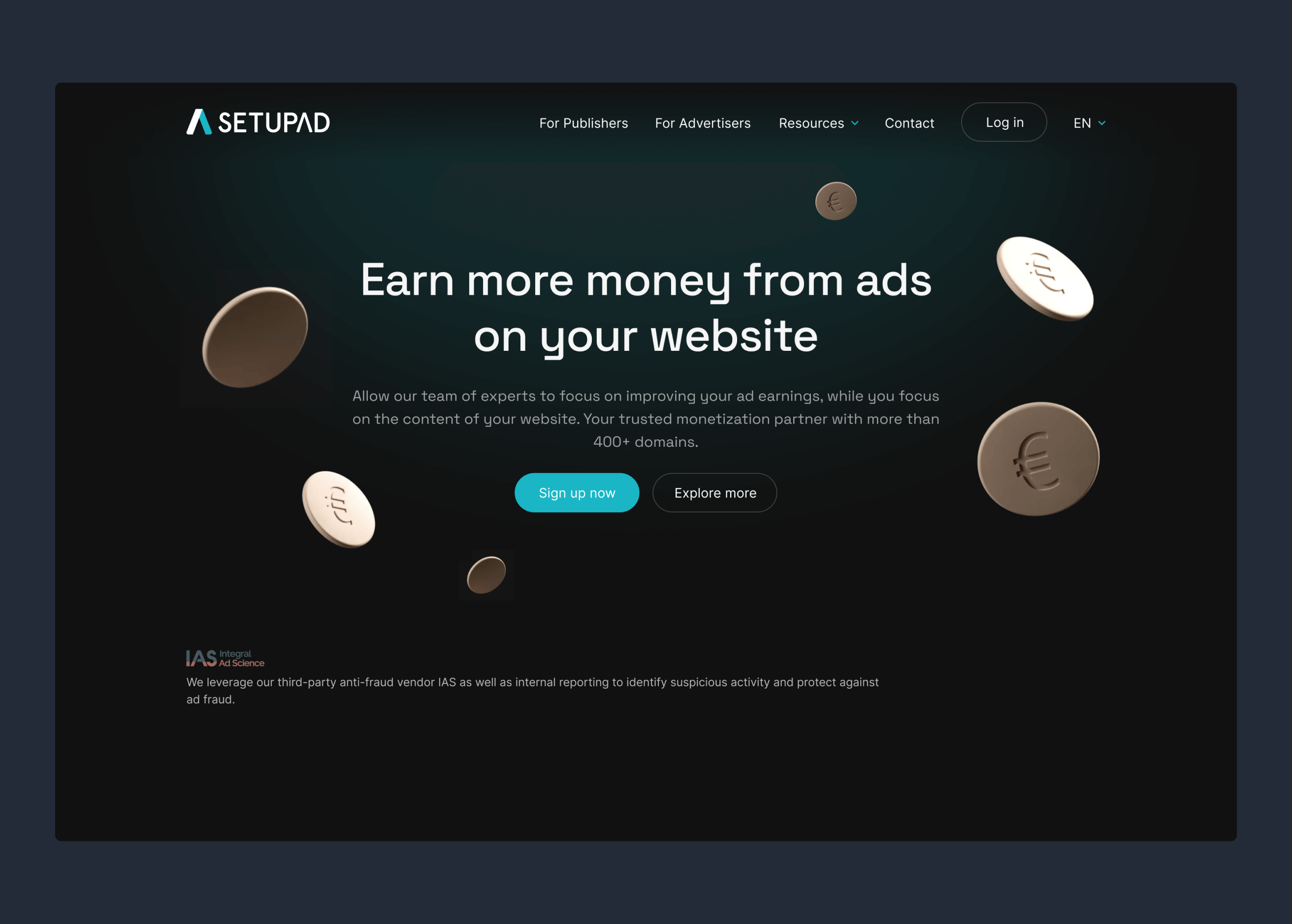 Setupad desktop hero — "Earn more money from ads on your website"