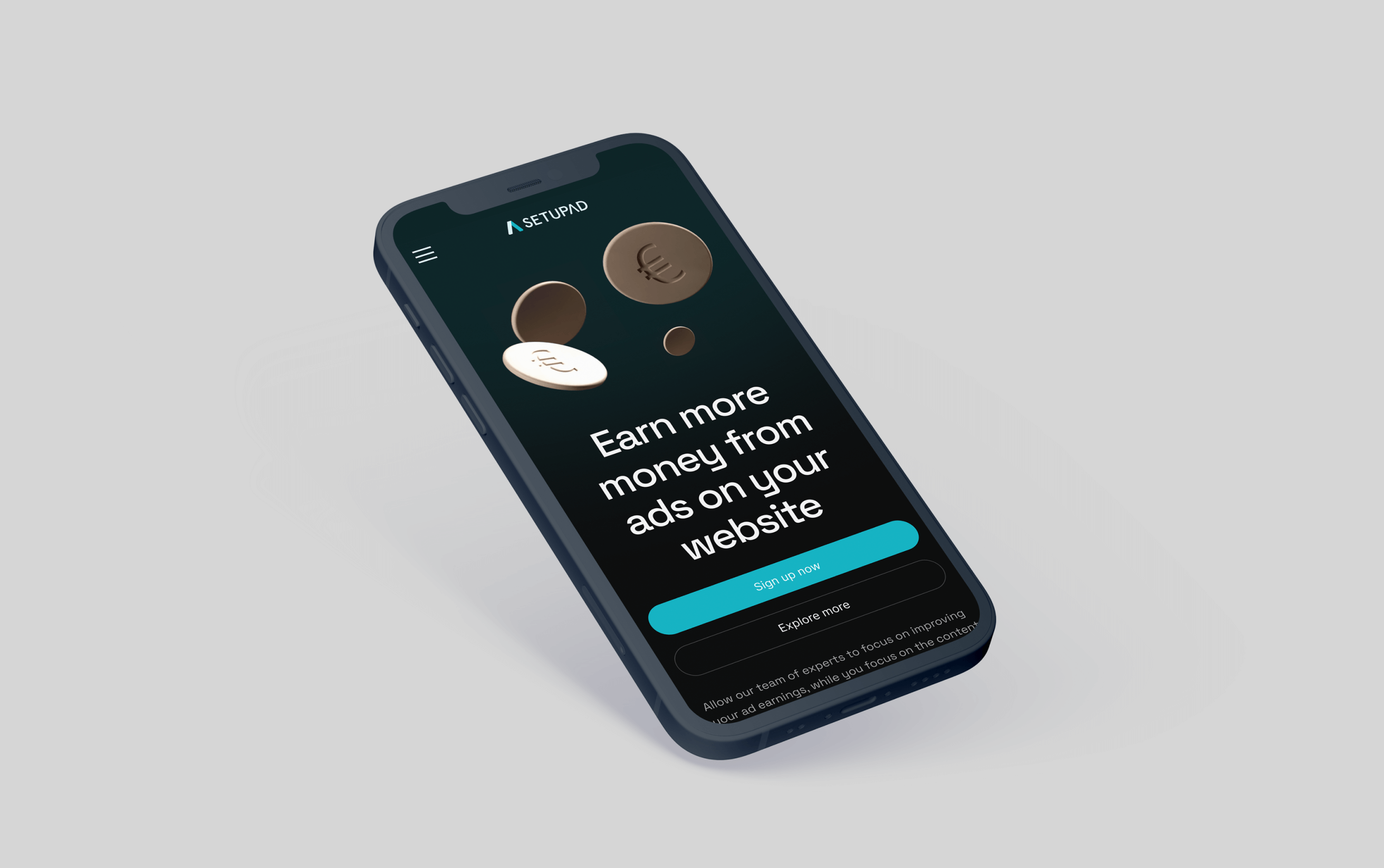 Setupad mobile hero, same message adapted for small screens