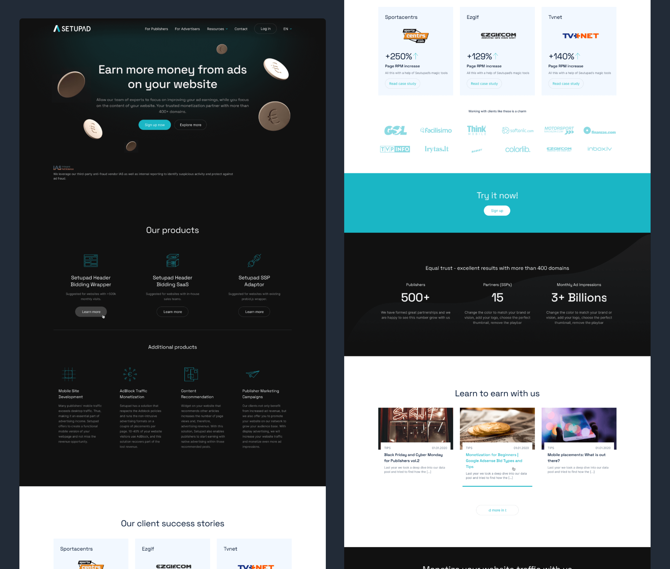 Setupad homepage — publisher pitch, product lineup and client results
