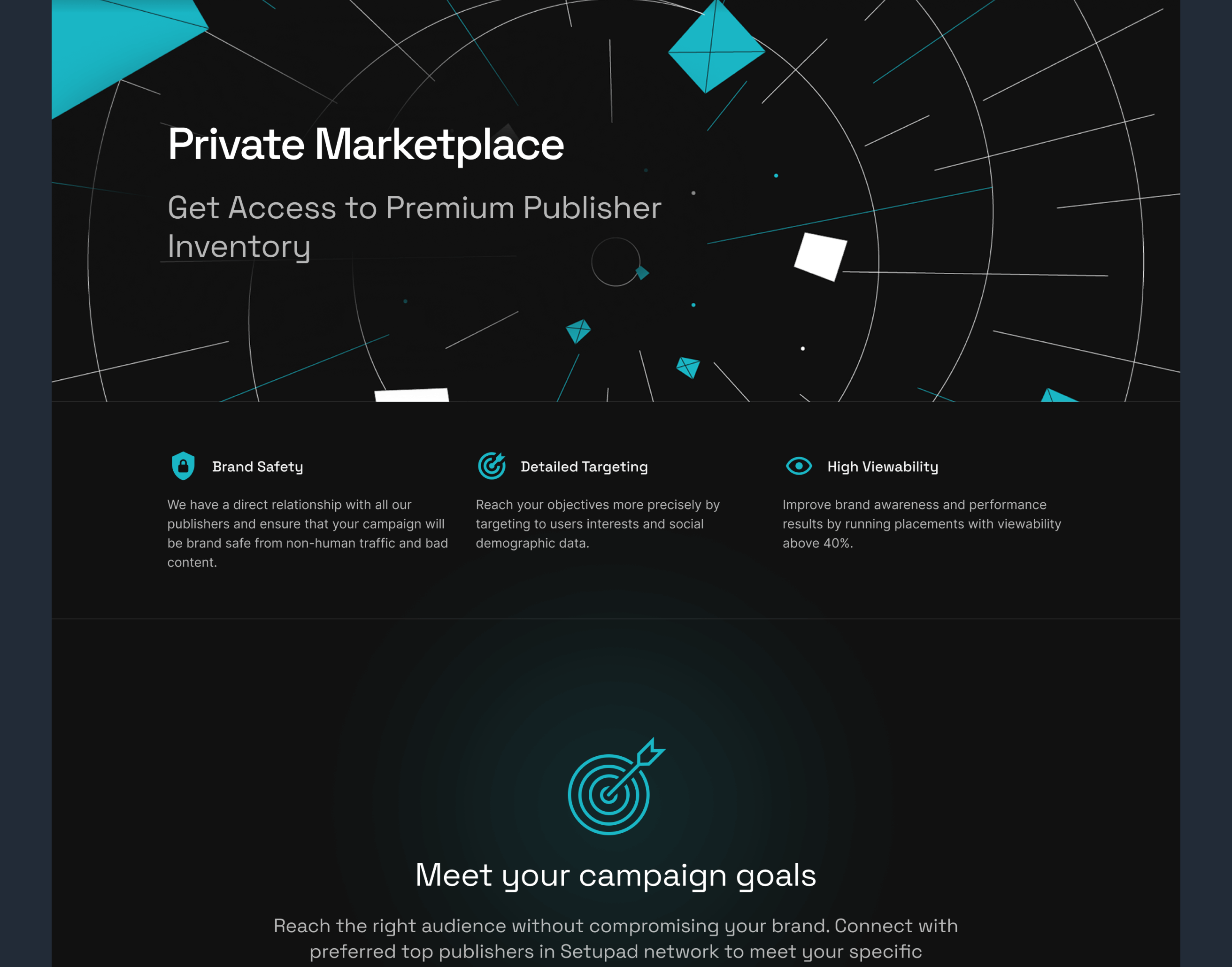 Setupad Private Marketplace section — brand safety, targeting and viewability