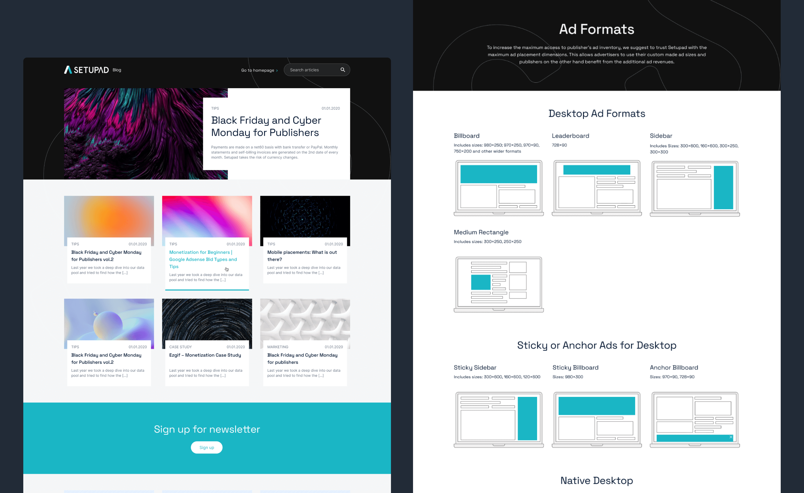 Setupad blog and ad formats section