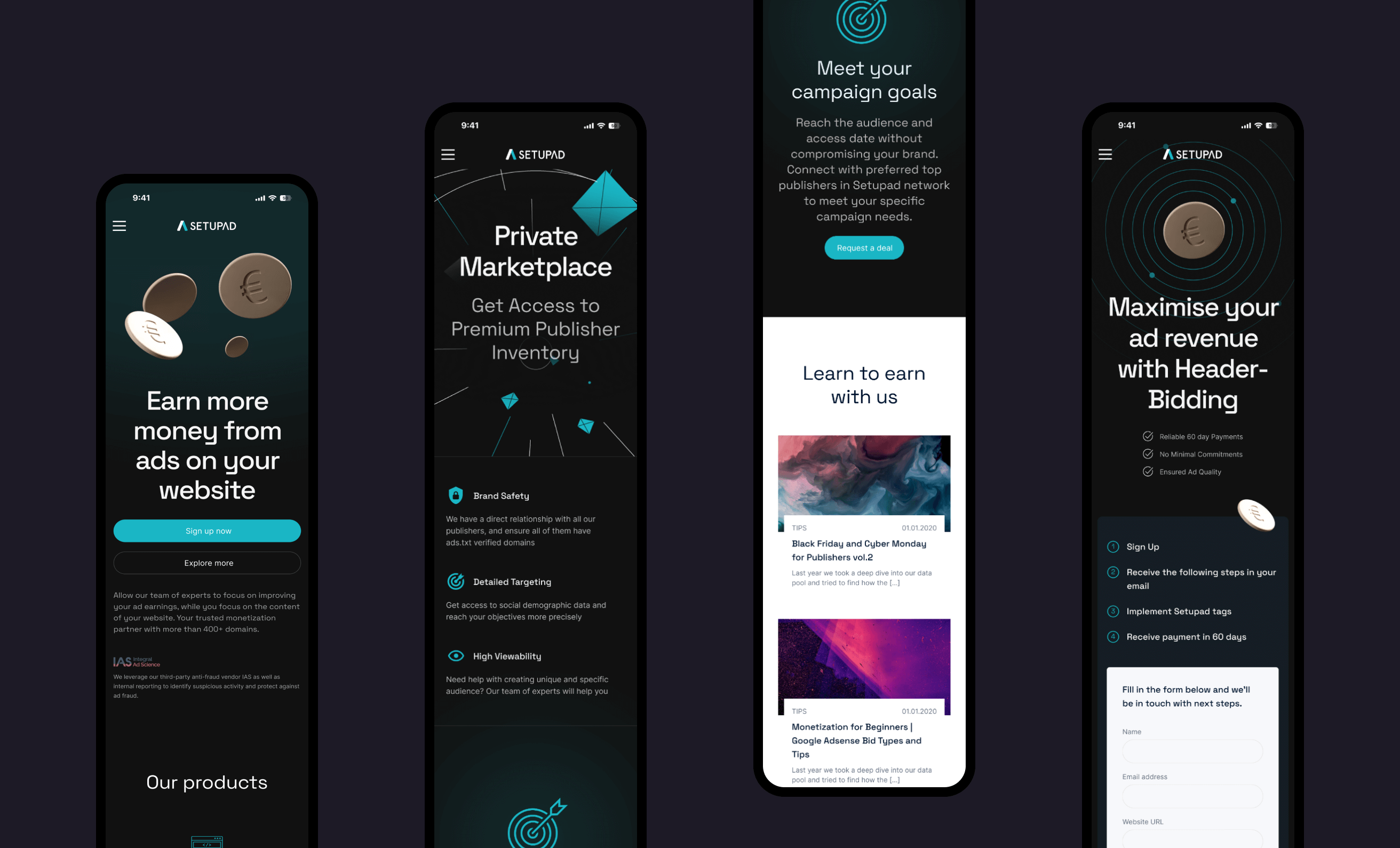 Setupad mobile screens — hero, Private Marketplace, campaign goals and header bidding