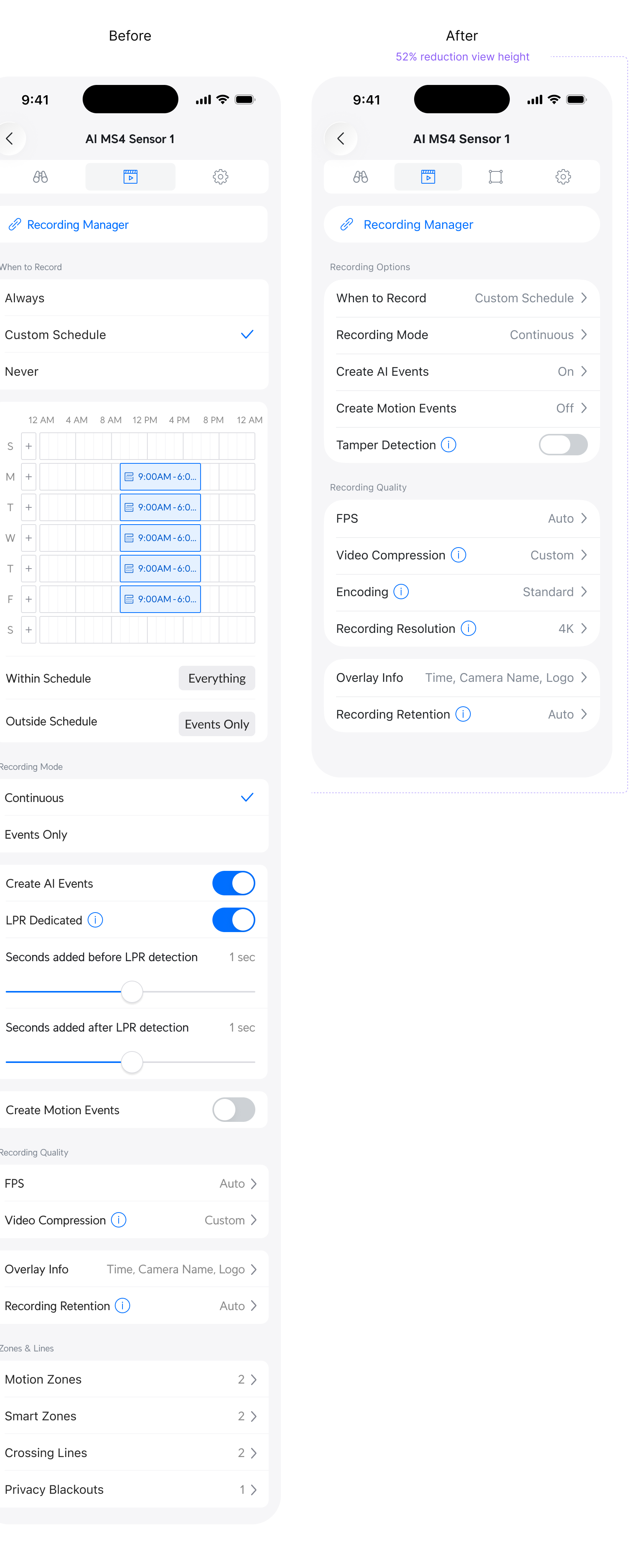 Settings view reorganization, 52% reduction in view height