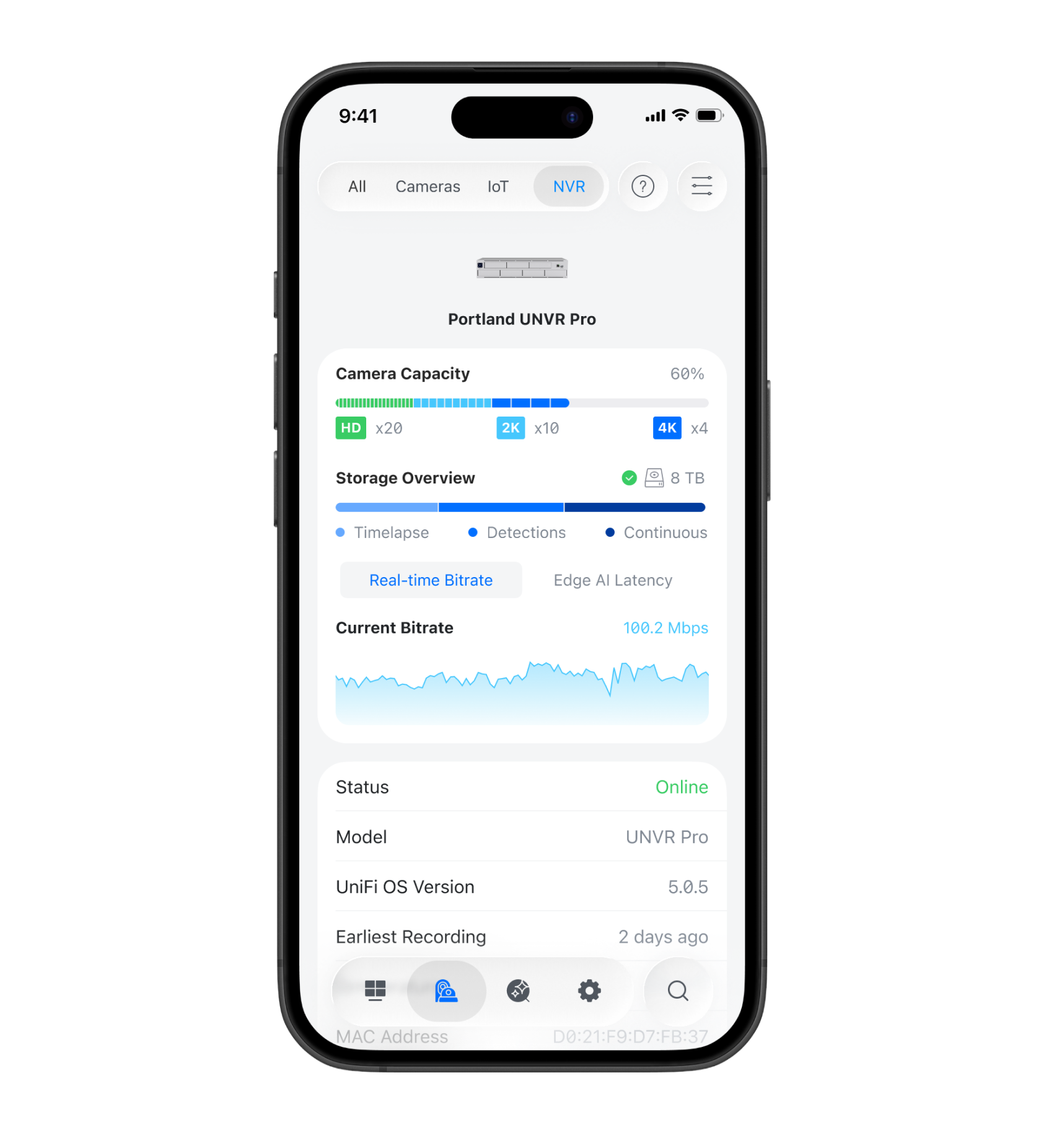 NVR status and storage overview on mobile