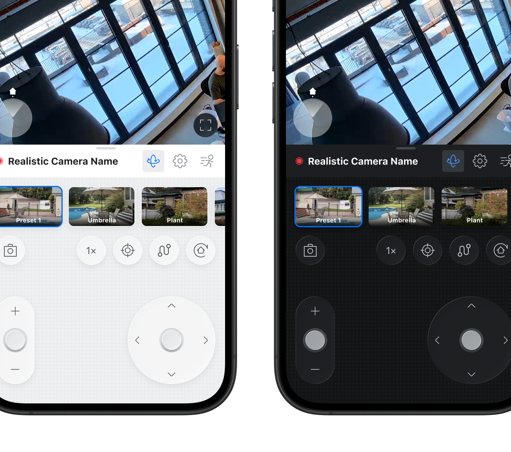 PTZ camera controls, light and dark mode comparison